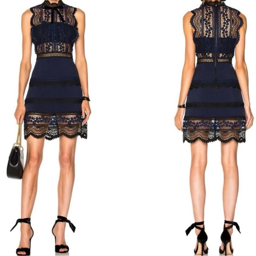 Self Portrait Bellis Lace Mini Dress Navy High Neck Scallop Size 6 NWOT